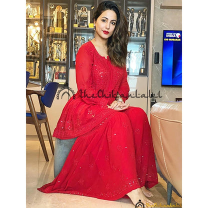 The Chikan Label Hina Khan Red Hina Viscose Chikankari Kurta Sharara Set