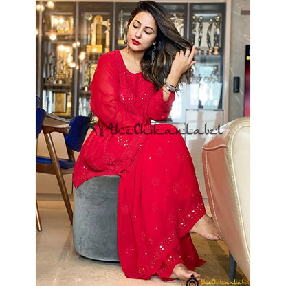 The Chikan Label Hina Khan Red Hina Viscose Chikankari Kurta Sharara Set