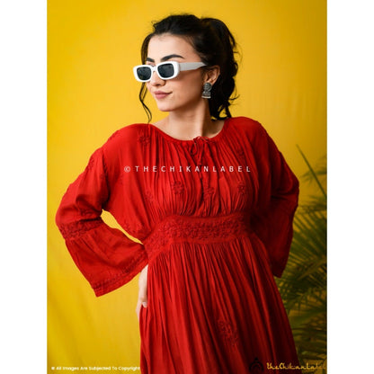 The Chikan Label Embroidered Chikankari Muslin Red Midi Dress