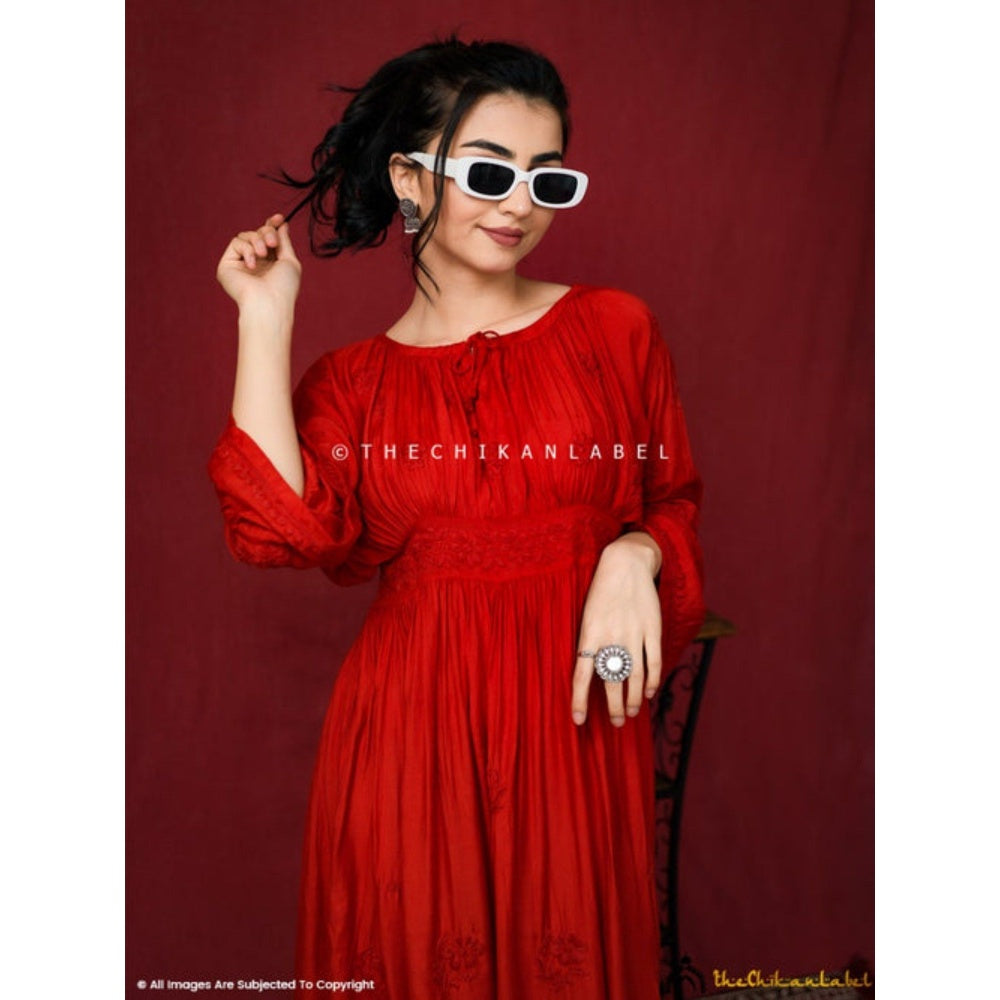 The Chikan Label Embroidered Chikankari Muslin Red Midi Dress