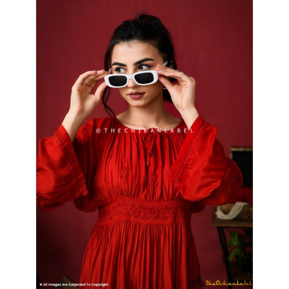 The Chikan Label Embroidered Chikankari Muslin Red Midi Dress