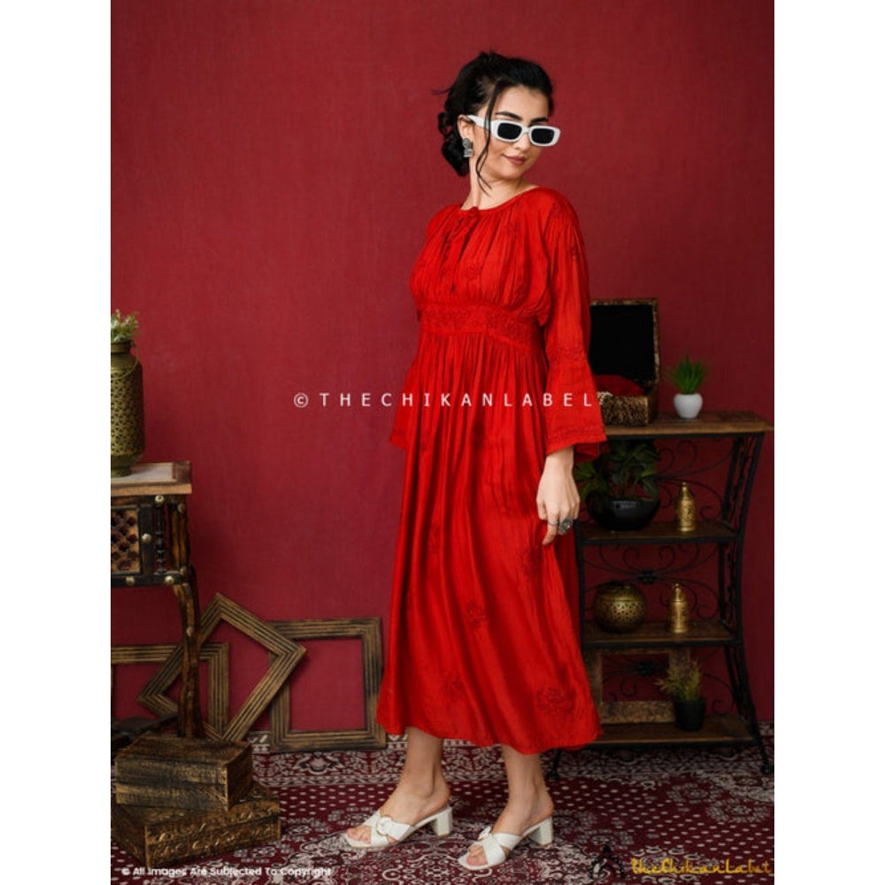 The Chikan Label Embroidered Chikankari Muslin Red Midi Dress