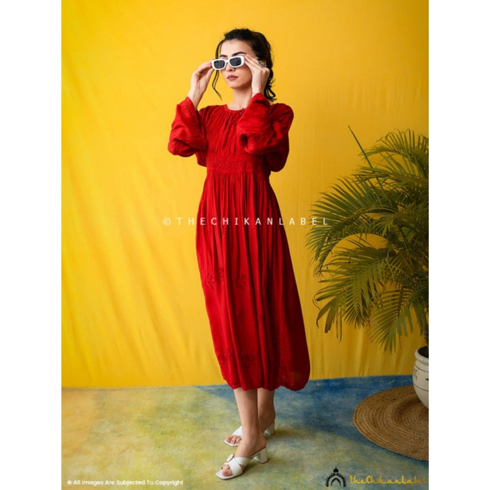 The Chikan Label Embroidered Chikankari Muslin Red Midi Dress