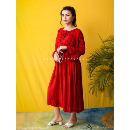 The Chikan Label Embroidered Chikankari Muslin Red Midi Dress