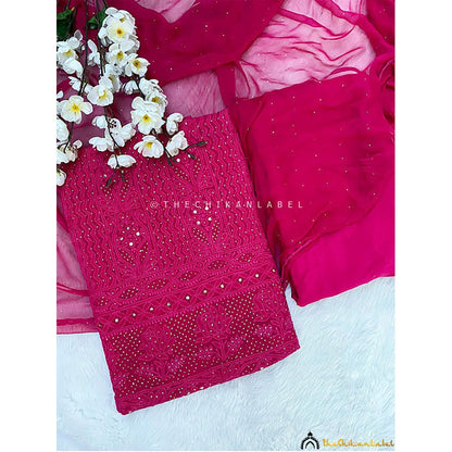 The Chikan Label Arz Viscose Chikankari Pink Unstitched Kurta with Dupatta