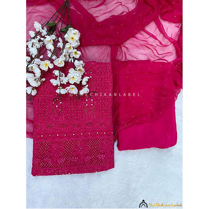 The Chikan Label Arz Viscose Chikankari Pink Unstitched Kurta with Dupatta