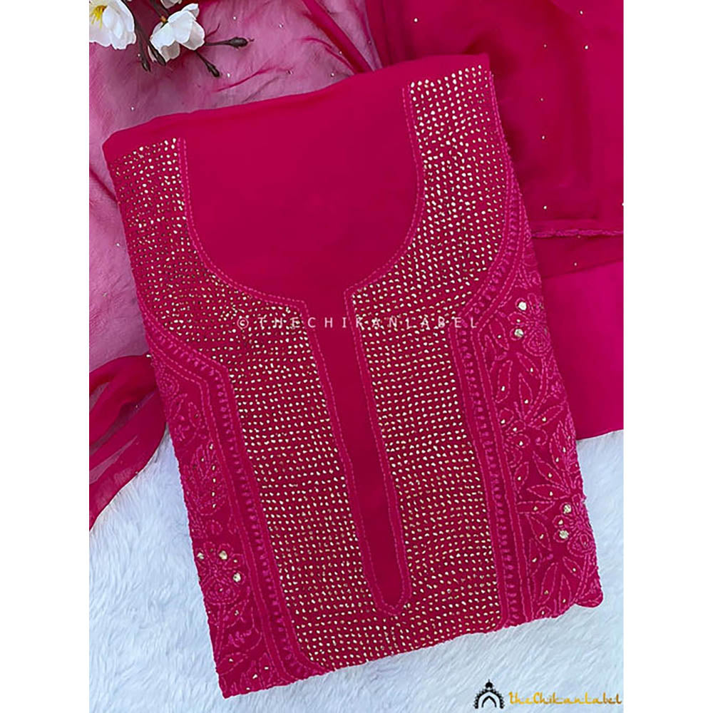 The Chikan Label Arz Viscose Chikankari Pink Unstitched Kurta with Dupatta