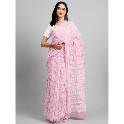 The Chikan Label Sahida Pink Authentic Chikankari Full Jaal Saree with Unstitched Blouse