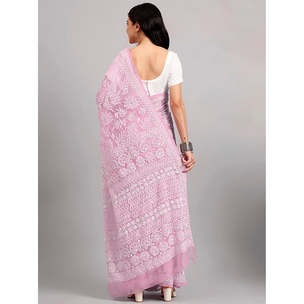 The Chikan Label Sahida Pink Authentic Chikankari Full Jaal Saree with Unstitched Blouse