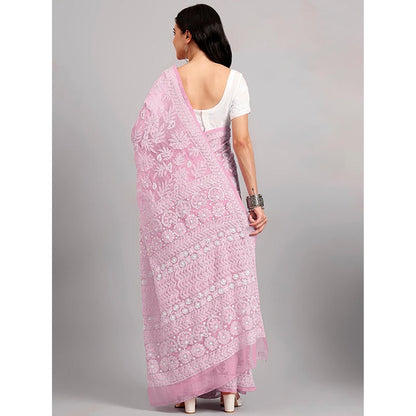 The Chikan Label Sahida Pink Authentic Chikankari Full Jaal Saree with Unstitched Blouse