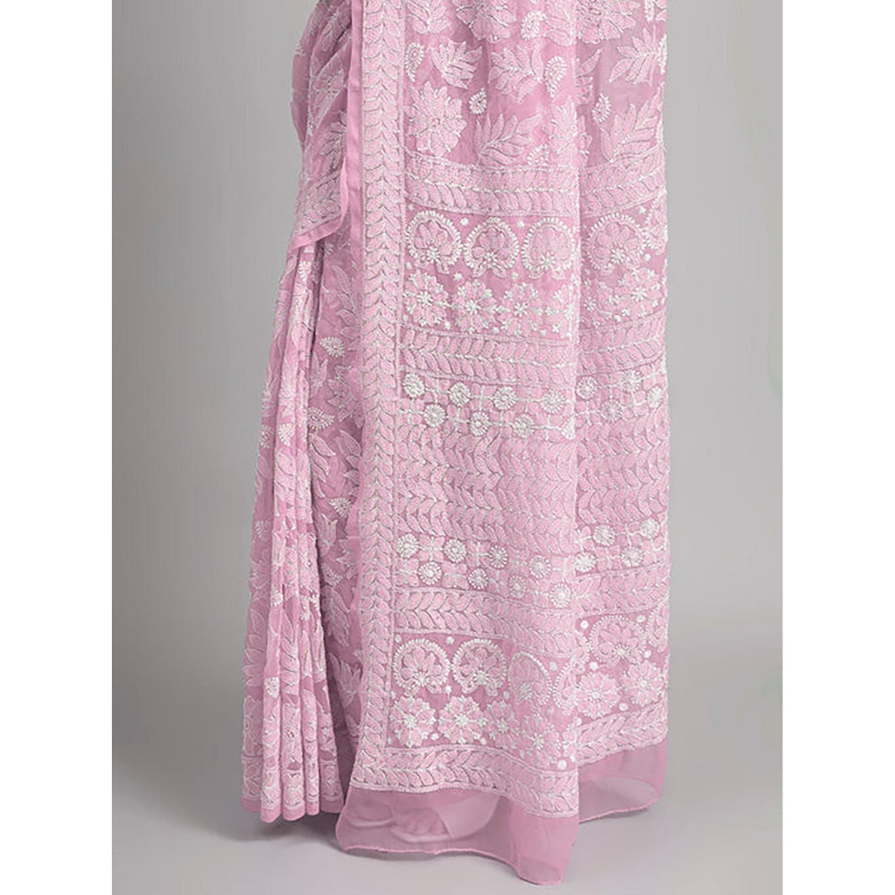 The Chikan Label Sahida Pink Authentic Chikankari Full Jaal Saree with Unstitched Blouse