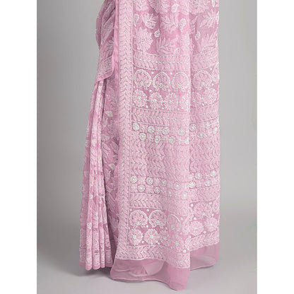 The Chikan Label Sahida Pink Authentic Chikankari Full Jaal Saree with Unstitched Blouse