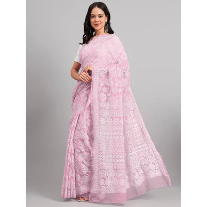 The Chikan Label Sahida Pink Authentic Chikankari Full Jaal Saree with Unstitched Blouse