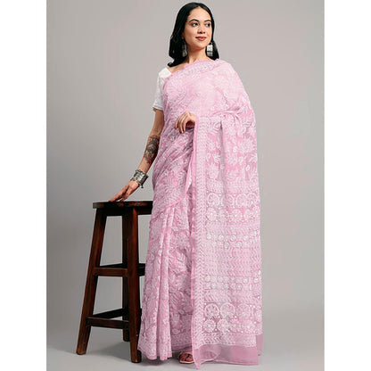 The Chikan Label Sahida Pink Authentic Chikankari Full Jaal Saree with Unstitched Blouse