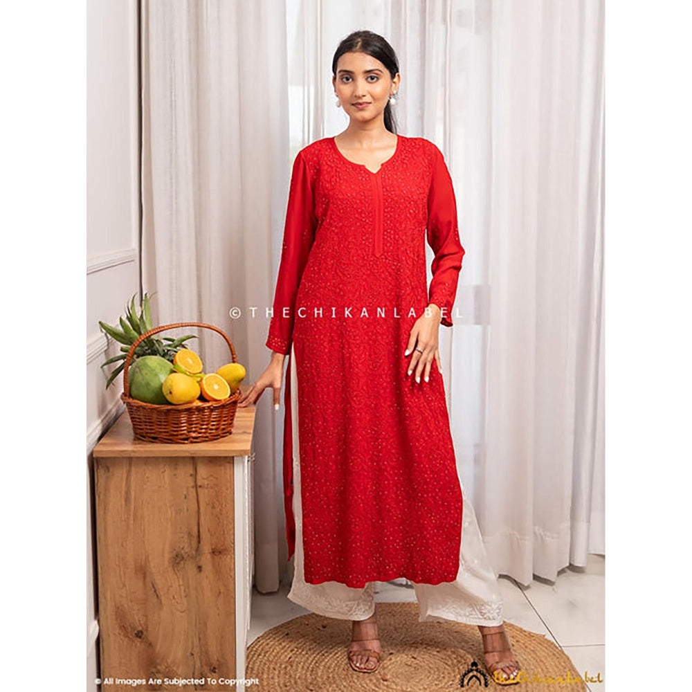 The Chikan Label Rakul Preet Red Viscose Chikankari Straight Kurta