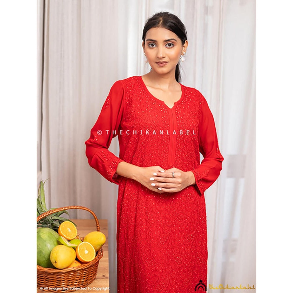 The Chikan Label Rakul Preet Red Viscose Chikankari Straight Kurta