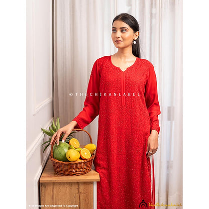 The Chikan Label Rakul Preet Red Viscose Chikankari Straight Kurta