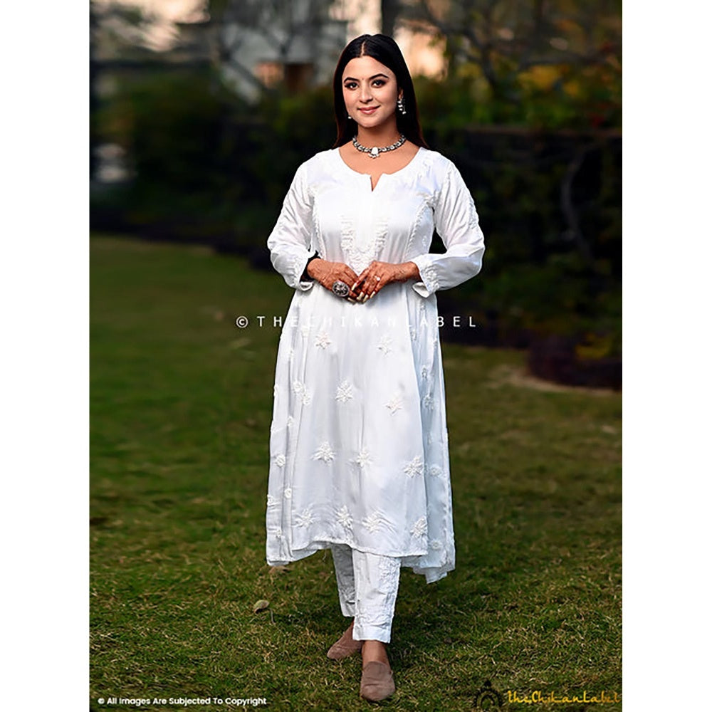 The Chikan Label White Isha Modal Satin Chikankari A-Line Kurta