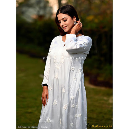 The Chikan Label White Isha Modal Satin Chikankari A-Line Kurta
