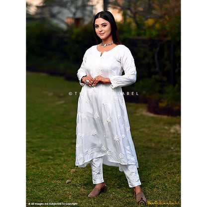 The Chikan Label White Isha Modal Satin Chikankari A-Line Kurta