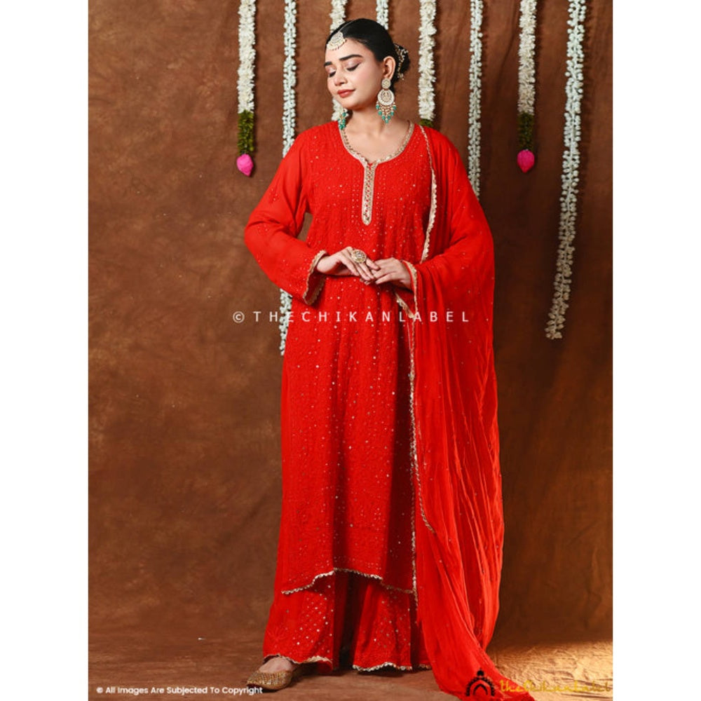 The Chikan Label Mehr-E-Chaand Viscose Chikankari Kurta With Sharara And Dupatta - Red