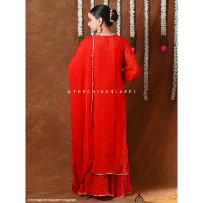 The Chikan Label Mehr-E-Chaand Viscose Chikankari Kurta With Sharara And Dupatta - Red