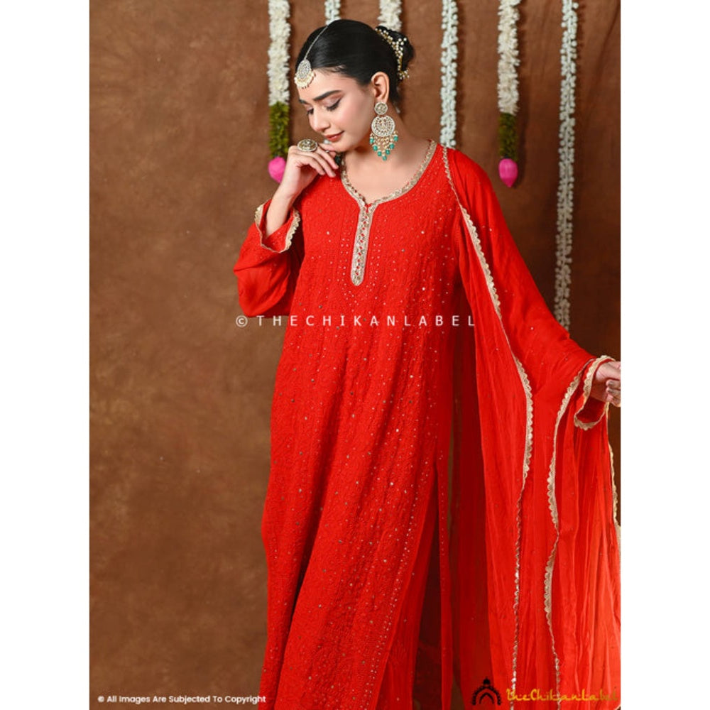 The Chikan Label Mehr-E-Chaand Viscose Chikankari Kurta With Sharara And Dupatta - Red