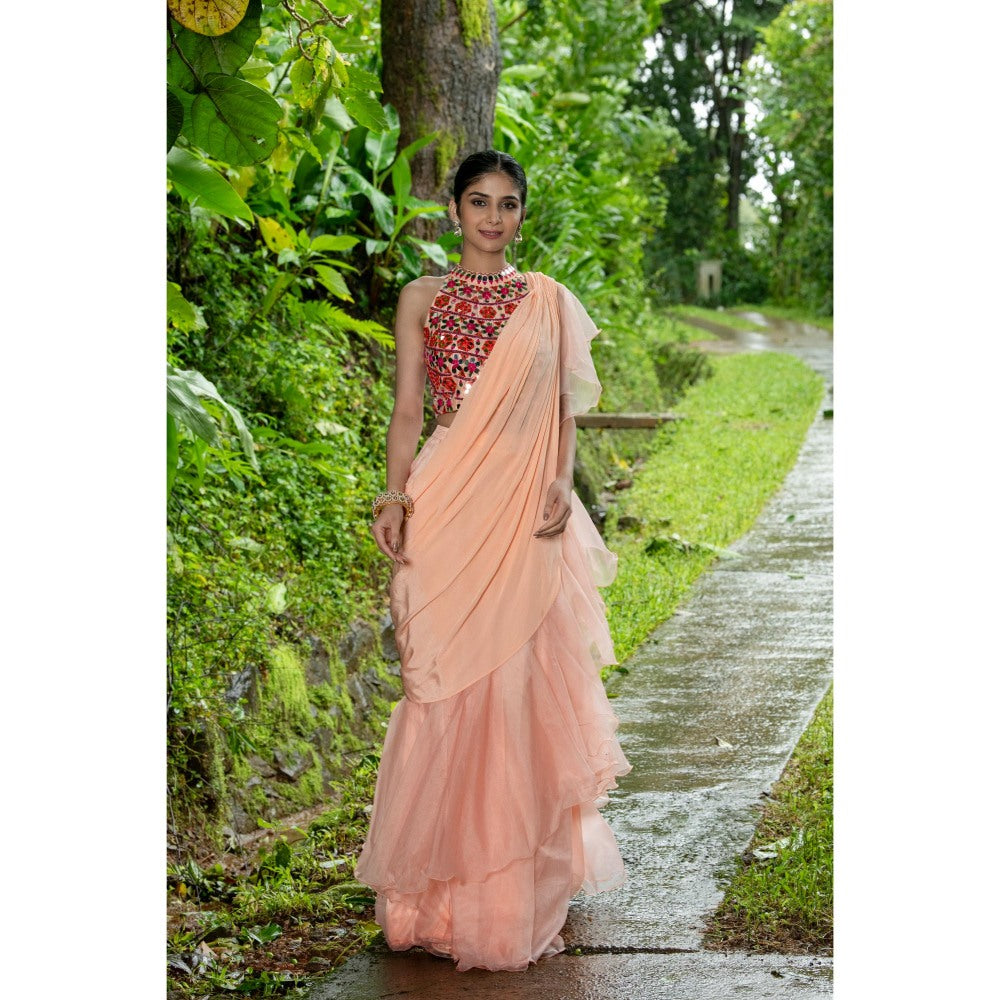 THE FRONT ROW COUTURE BY SEEMA KASHYAP Pre-Draped Peach Saree with Stitched Blouse
