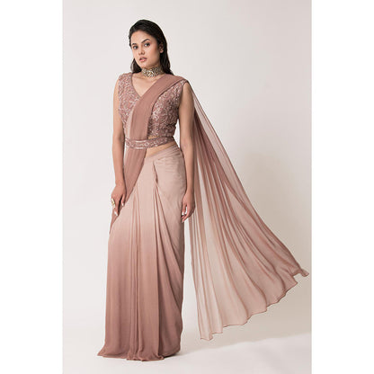 THE FRONT ROW COUTURE BY SEEMA KASHYAP Pre-Draped Beige Saree with Stitched Blouse