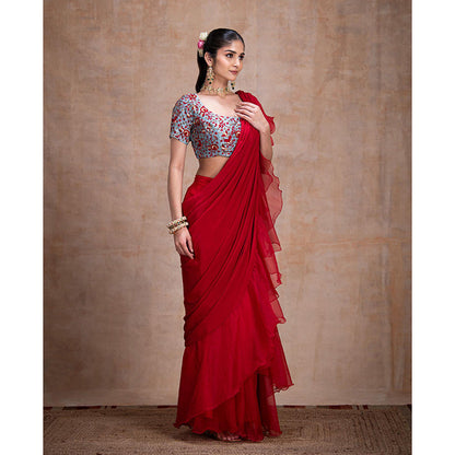 THE FRONT ROW COUTURE BY SEEMA KASHYAP Pre-Draped Red Saree with Stitched Blouse