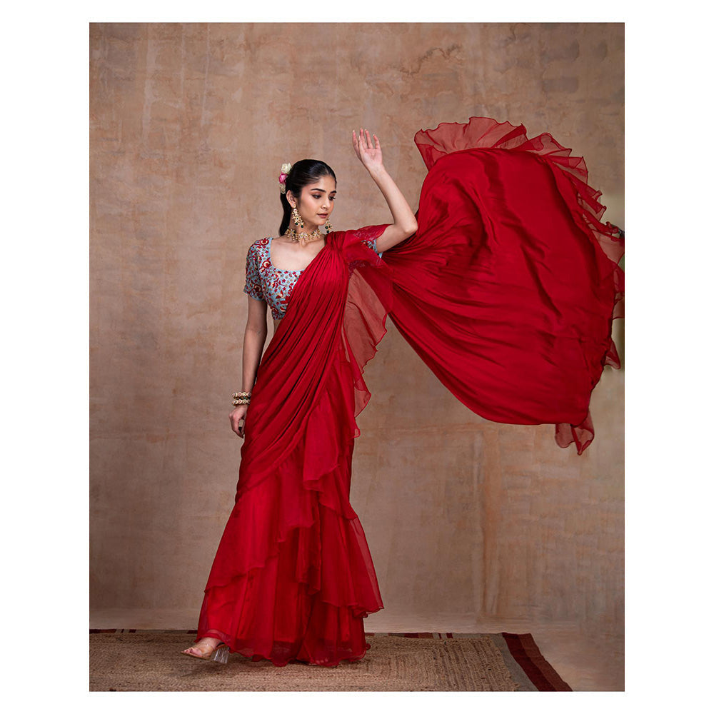 THE FRONT ROW COUTURE BY SEEMA KASHYAP Pre-Draped Red Saree with Stitched Blouse