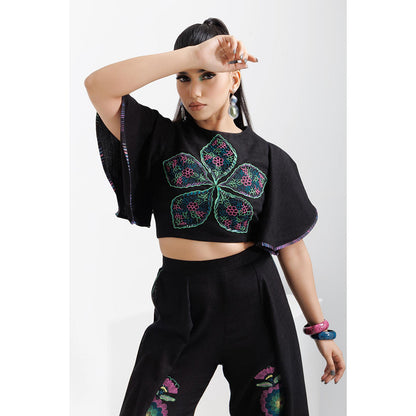 THE SILK LOVE Black Layered Drape Pant with Crop Top