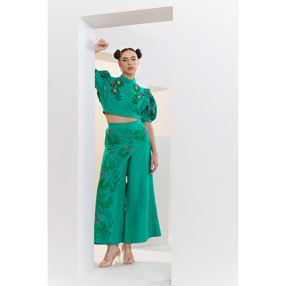 THE SILK LOVE Green Shadow Bloom Flap Co-Ord Set