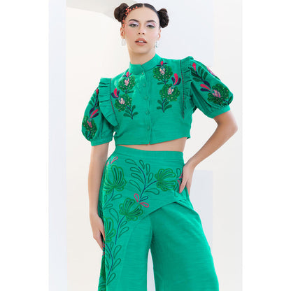 THE SILK LOVE Green Shadow Bloom Flap Co-Ord Set