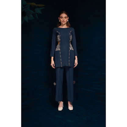 THE SILK LOVE Womens Lycra Embroidered Teal Co-Ord Set