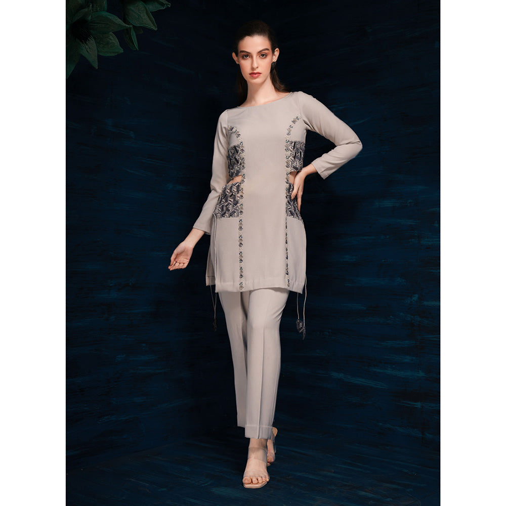 THE SILK LOVE Womens Lycra Embroidered Grey Co-Ord Set