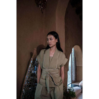 The Terra tribe Khaki Berlin Shawl Collar Jacket with Belt (Set of 2)