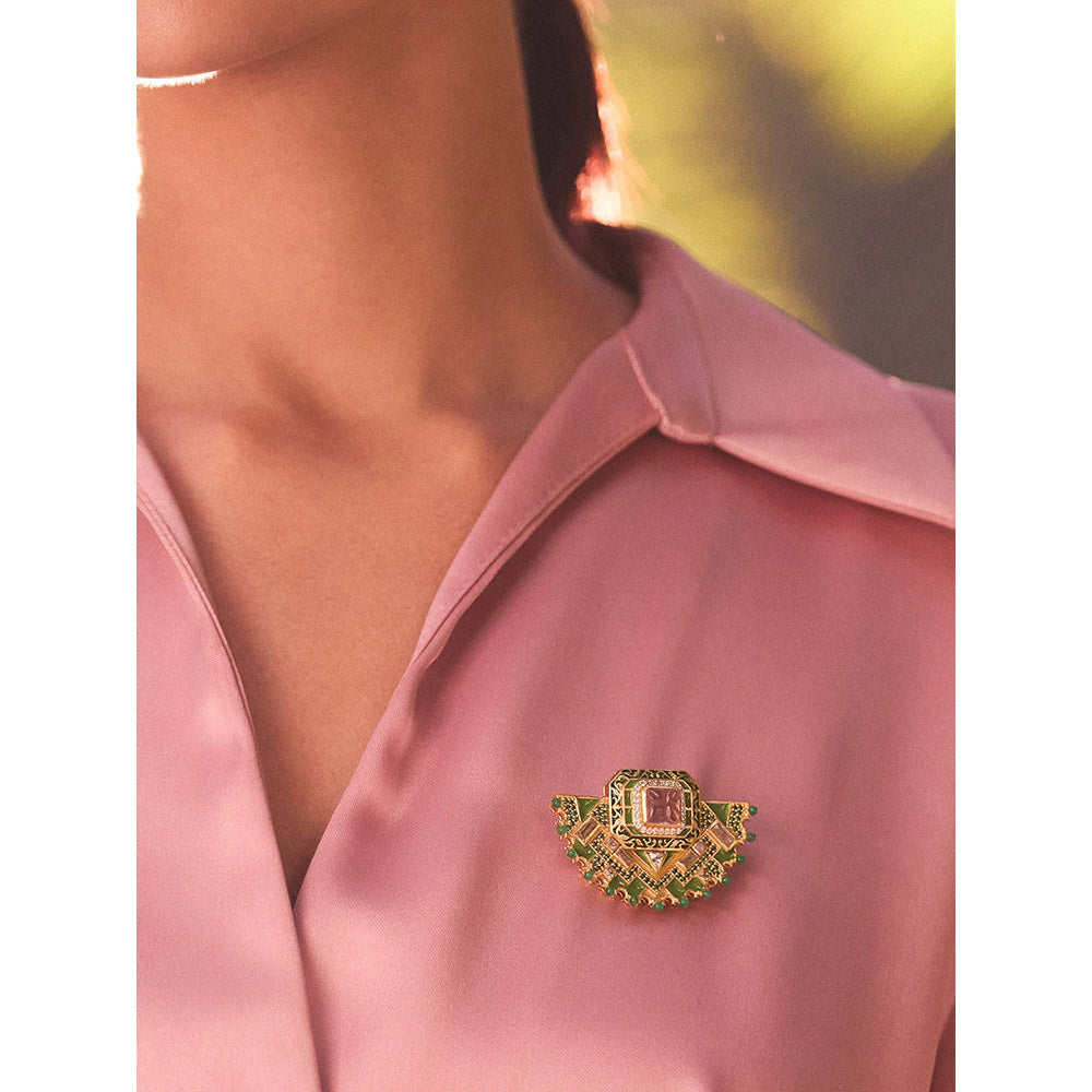 Aulerth Green & Beige Rumeli Brooch by JJ Valaya