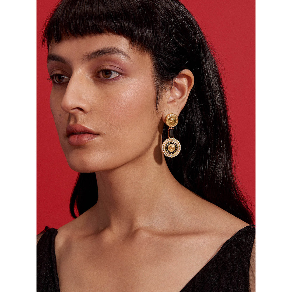 Aulerth Black & Gold Numisma Duo Drops Earrings by Shivan & Narresh