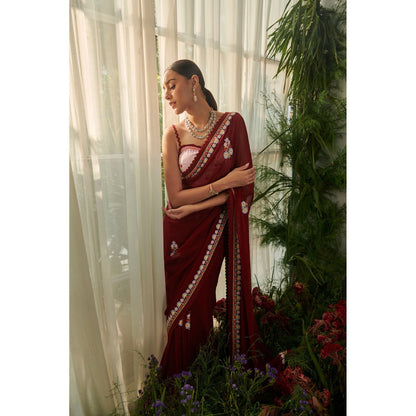 Tilsim by Sagarika Mehrotra Maroon Amaryllis Saree with Stitched Blouse