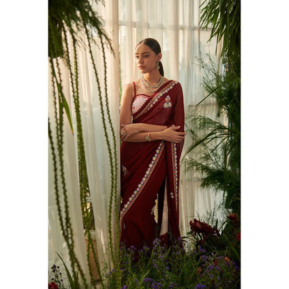 Tilsim by Sagarika Mehrotra Maroon Amaryllis Saree with Stitched Blouse