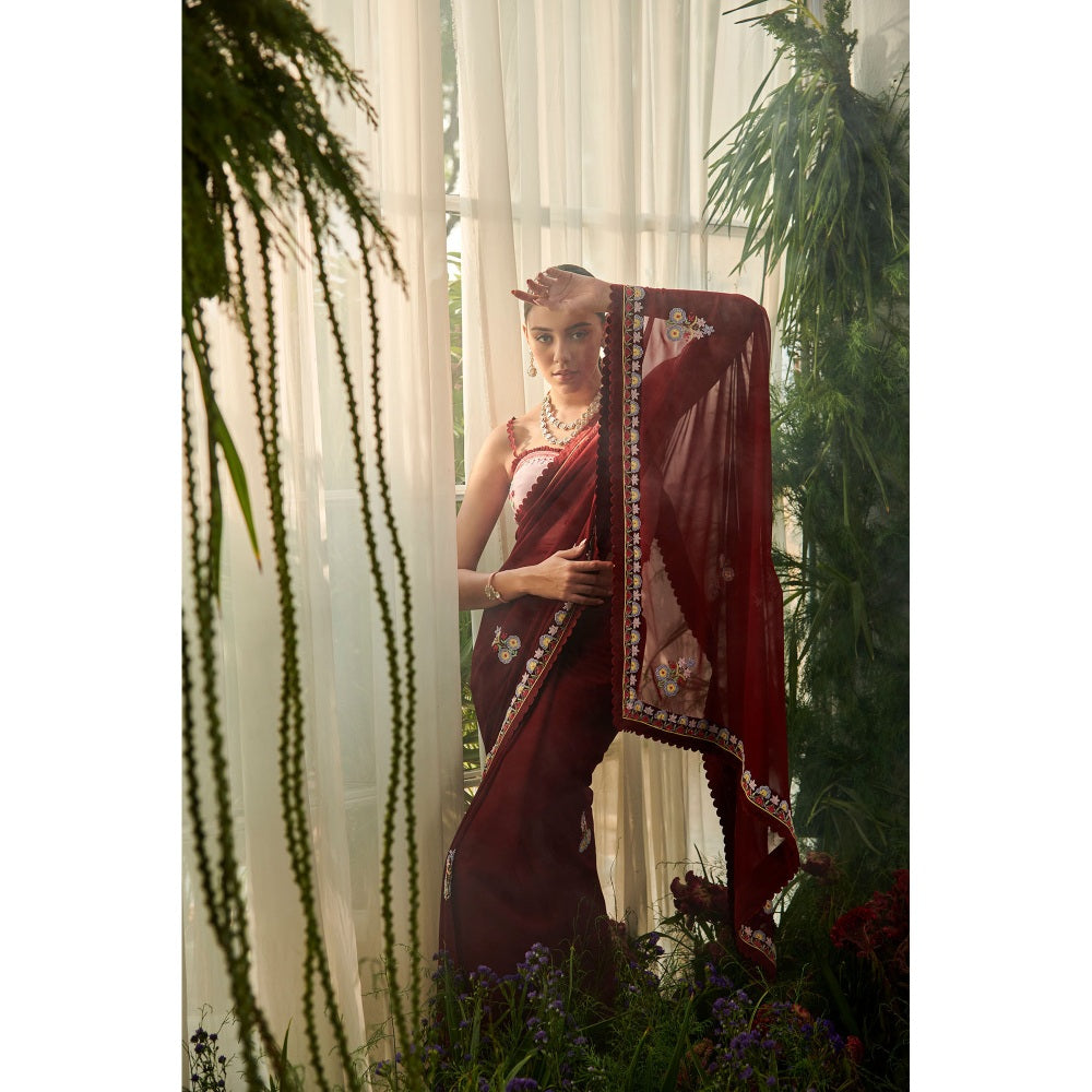 Tilsim by Sagarika Mehrotra Maroon Amaryllis Saree with Stitched Blouse