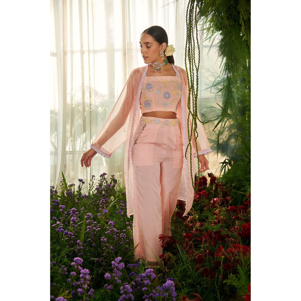 Tilsim by Sagarika Mehrotra Pink Gladiolus Crop Top with Palazzo and Shrug (Set of 3)