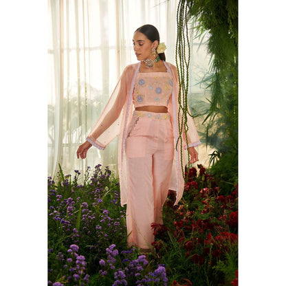 Tilsim by Sagarika Mehrotra Pink Gladiolus Crop Top with Palazzo and Shrug (Set of 3)