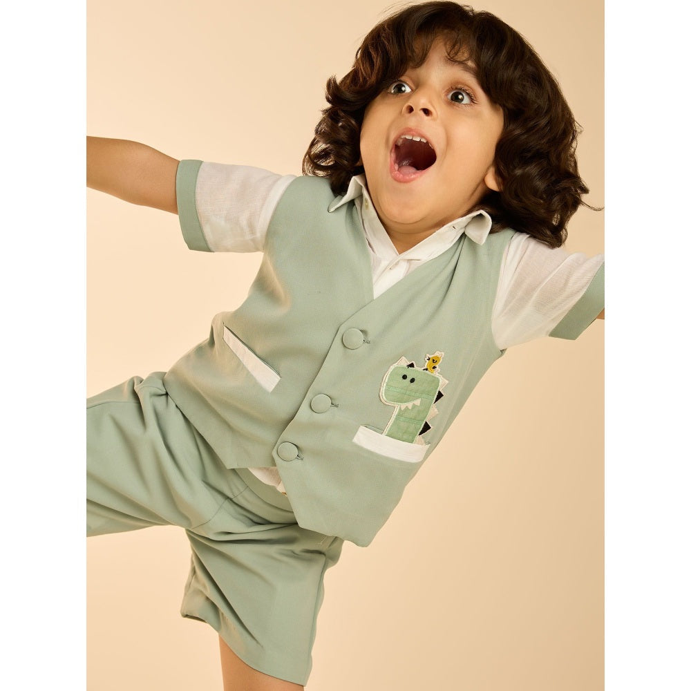 Tilsim by Sagarika Mehrotra Chirpy Dragon Waistcoat with Shirt and Shorts (Set of 3)