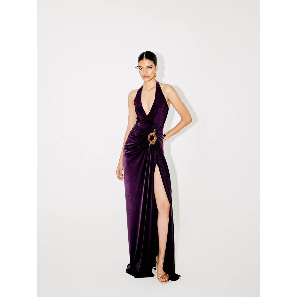 TISHARTH BY SHIVANI Purple Halter Neck Draped Velvet Gown