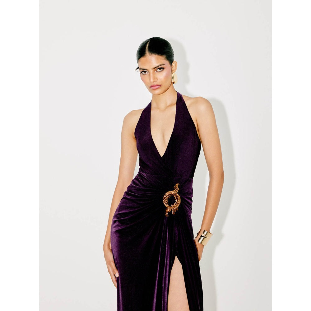 TISHARTH BY SHIVANI Purple Halter Neck Draped Velvet Gown