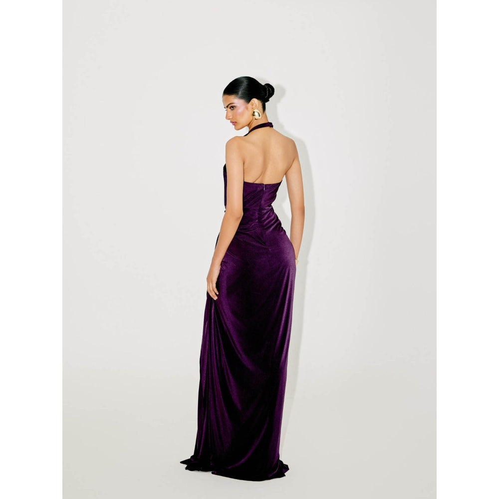 TISHARTH BY SHIVANI Purple Halter Neck Draped Velvet Gown