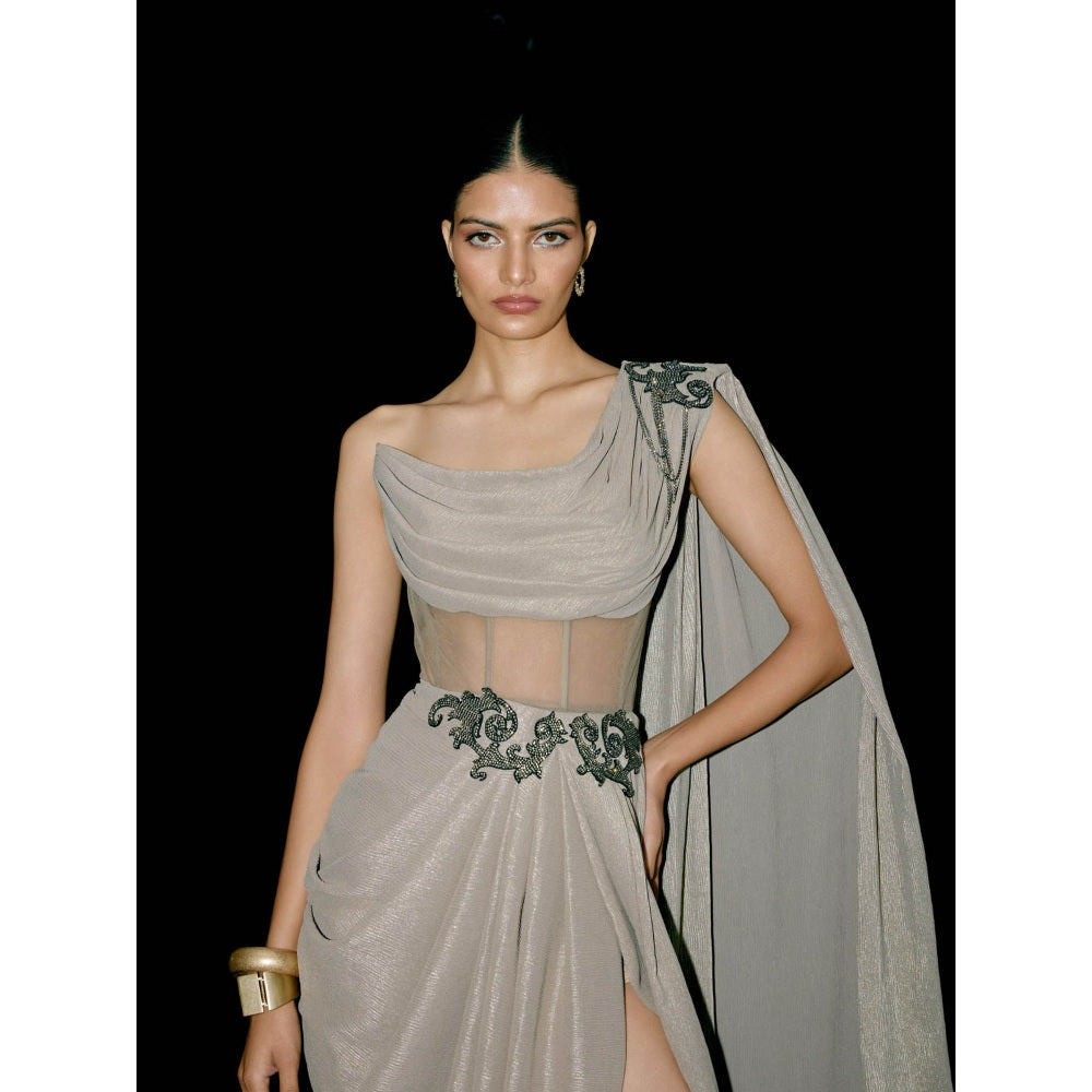 TISHARTH BY SHIVANI Silver Drape Corset Style Gown