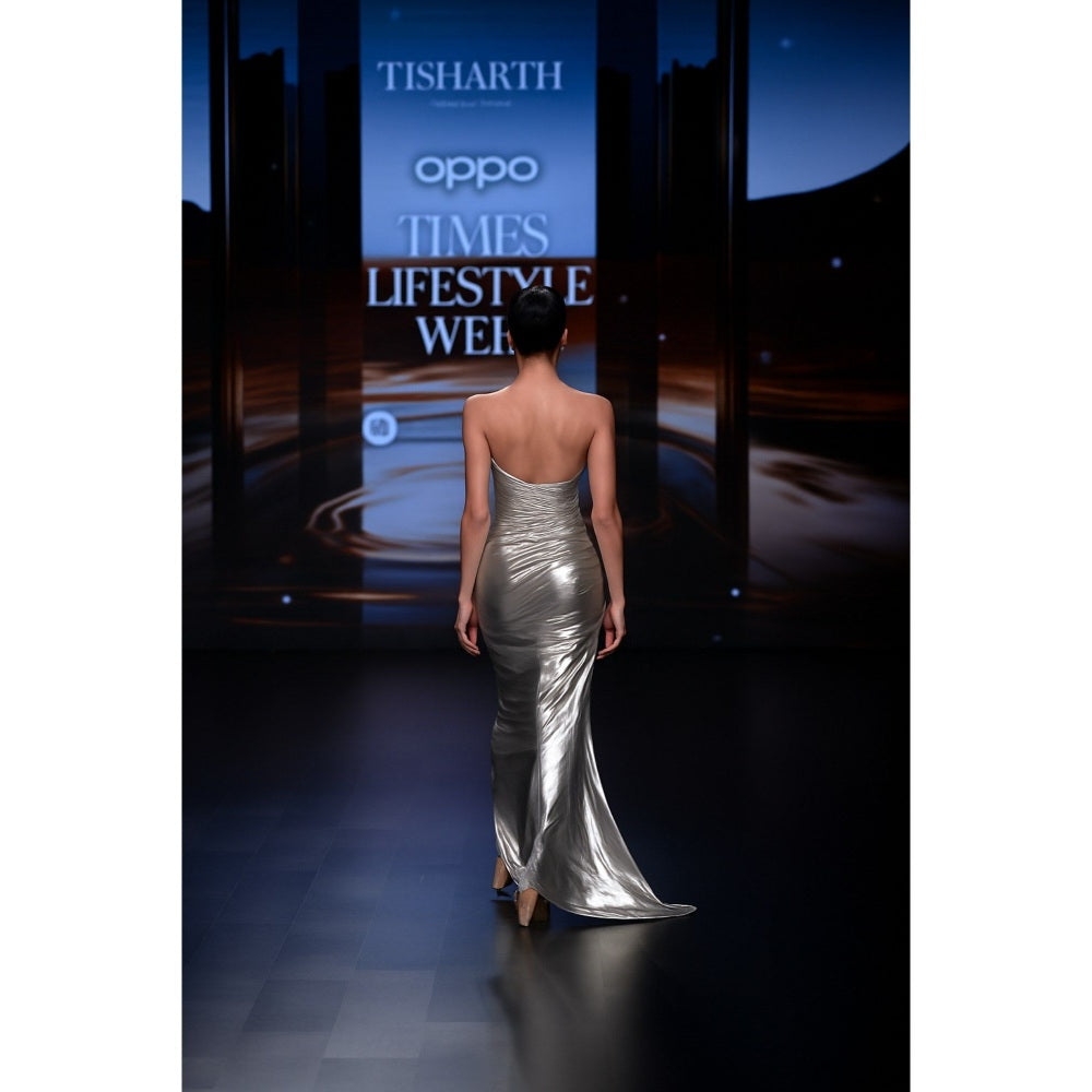 TISHARTH BY SHIVANI Silver Foil Lycra Draped Gown